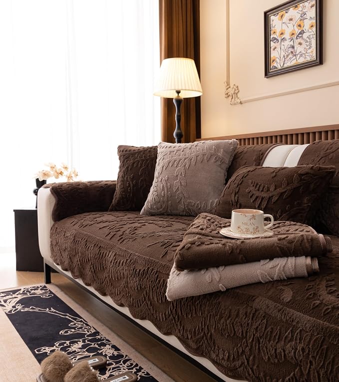Fuzzy Rabbit Plush Sofa Cover Cozy Warm Sofa Couch Covers with 3D Jacquard Leaf Pattern Non-Slip Easy-to-Install Shaggy Sofa Slipcover Prefect for Kids Dogs Cats Cats(Caramel,36"x70")