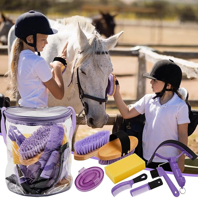 Cunhill 9 Pcs Horse Grooming Kit with Bag Curry Brushes,Cute,Purple | Complete Grooming Set for Horses, Hard Soft Brushes, Hoof Pick, Sweat Scraper, Sponge, Comb, Portable Tote for Stable