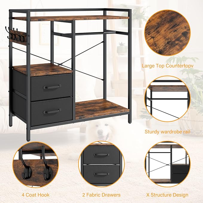 kepptory Dog Closet with Drawers & 4 Hooks, Freestanding Pet Garment Rack for Dog Clothes & Cat Accessories, Pet Supply Storage Organizer, Metal Frame Industrial Style