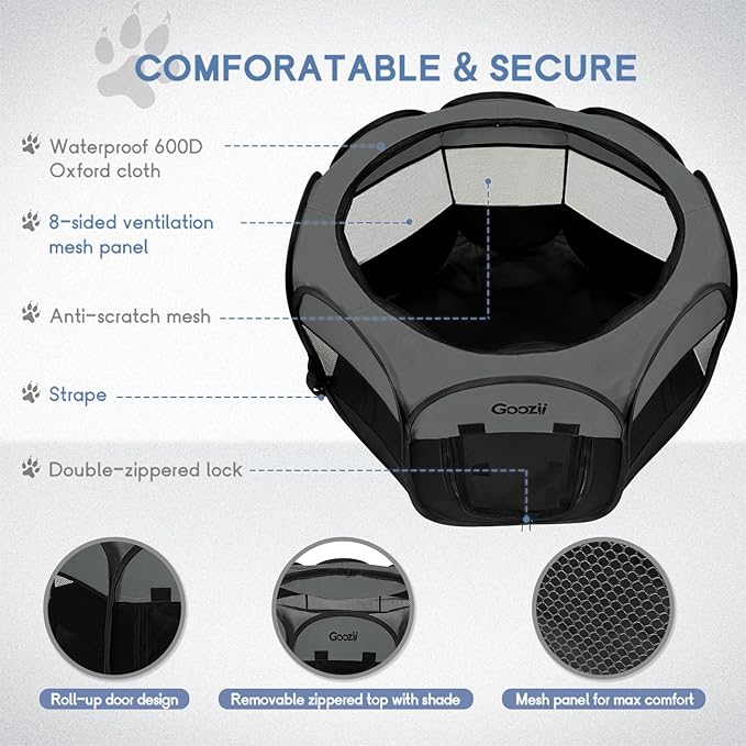 Goozii Portable Dog Playpen for Medium Dogs, Collapsible Pet Cat Kitten Puppy Playpen Indoors Outdoors with Zipper Top Cover (Medium Size, Grey-Black)