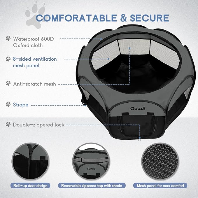 Goozii Portable Dog Playpen for Large Dogs, Collapsible Puppy Pet Cat Playpen with Zipper Top Cover (Large Size, Grey-Black)