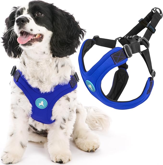 Gooby Escape Free Sport Dog Harness, Choke-Free, Blue, Medium | Patented escape-free frame; Reduces choking; 4-point adjustment; Soft neoprene padding; Durable webbed straps