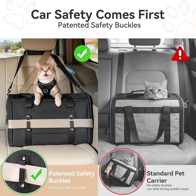 PETSFIT Large Cat Carrier with Patented Safety Buckles,Big Cats Up to 20 lb | Secure Carrier for Safe Driving, Lockable Zippers, Safety Tether, Travel Pet Carrier for Trips & Vet Visits,19 x 12 x 12
