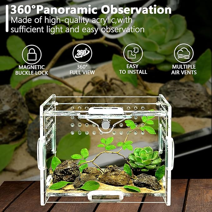 Acrylic Jumping Spider Enclosure - Multi-Purpose Reptile & Insect Habitat Cage with Ventilation for Jumping Spiders,Arboreal Tarantula, Scorpion, Lizard, Snake, Gecko, Snail & Isopod(3.9x3.1x2.7'')