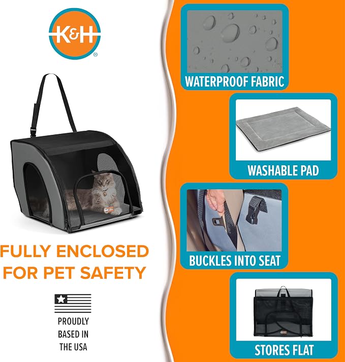 K&H Dog Car Seat, Travel Safety Carrier for Pets, Small, Gray/Black | Enclosed Car Seat for Dogs, Soft-Sided Covered Pet Carrier, Washable Pad, Multiple Entrances, Mesh Windows, 17x16x15in