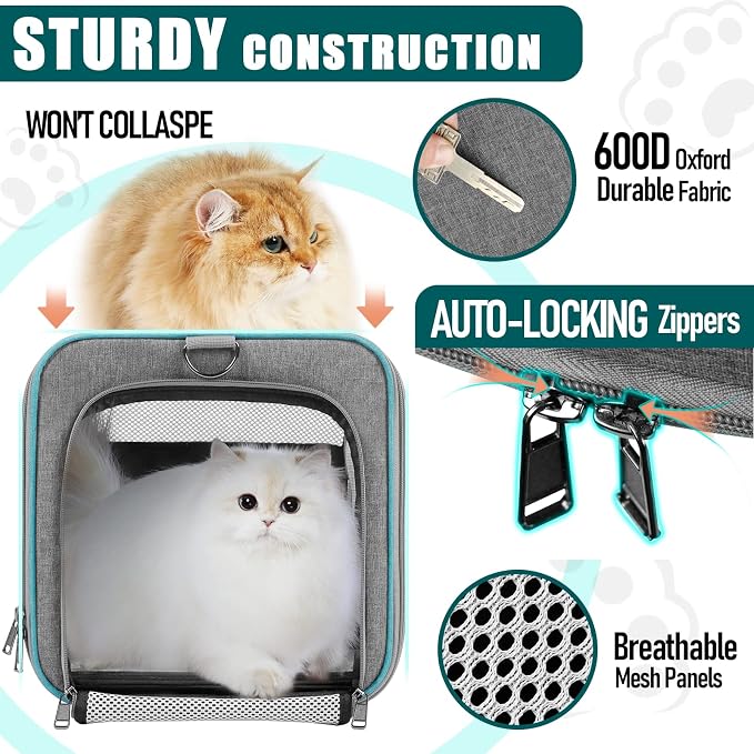 GAPZER Large Cat Carrier Soft, Collapsible Travel Pet Carry Bag, Small Dogs | Large Cats up to 20 lbs+ Maine Coon, Top Load Transport Small Puppy Dog Crate, Chihuahua Mini Dog 10lbs, Sturdy Mesh Grey