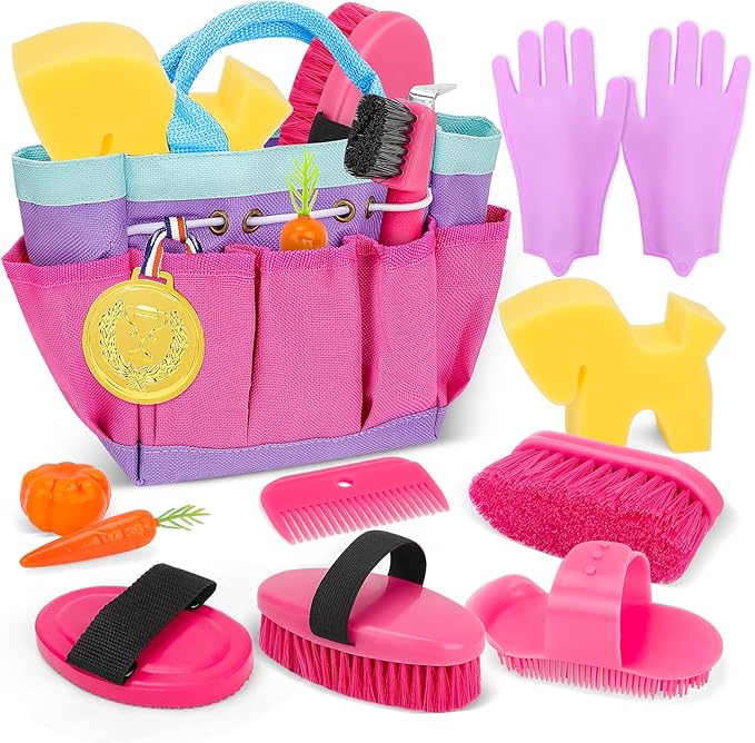 deAO Horse Grooming Brush Kit 12Pcs Horse Tack with Tote Bag,Care Tool,Pink | Realistic Horse Cleaning Playset,Includes Gloves,Tail Comb,Body Brush,Gift for Horse Riders Beginners for Boys Girls Ages3+