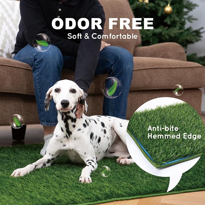 HQ4US Dog Grass Pad with Tray, Odor Free Grass Pee Pad for Dog Litter Box | Medium Dog Potty Tray with Grate, Artificial Grass Fast Drainage, Hemmed Edge, Realistic, Fake Grass for Indoor Balcony