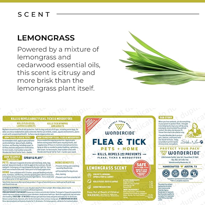 Wondercide - Flea, Tick & Mosquito Spray for Dogs, Cats, and Home - Flea and Tick Killer, Control, Prevention, Treatment - with Natural Essential Oils - Pet and Family Safe - Lemongrass 32 oz