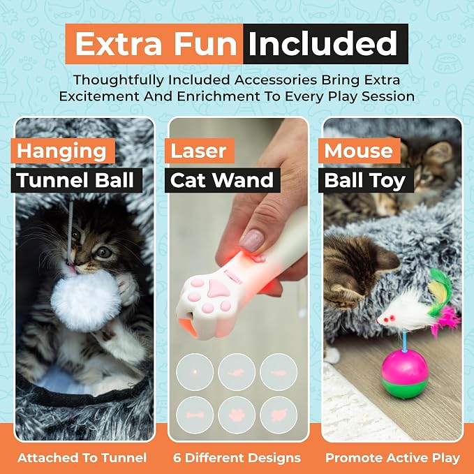 WiskaDen XL Plush Cat Tunnel Bed with Toy and Elderly Feline Access. 3-in-1 Dark Grey Fluffy Donut Cushion. Circle Tube for Indoor Cats Leisure, Hiding Spot, Dog Bed, or Rabbit Cave