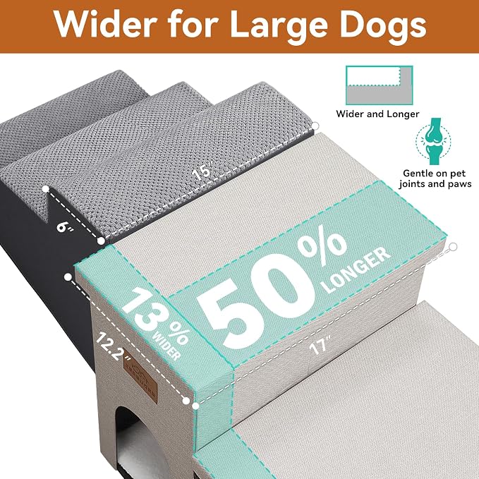 Zerbuger Dog Stairs with Storage, Beige 4 Steps Dog Ramp with Condo for Bed | 23" H Wider Dog Steps for High Beds Couch, Folding Storage Pet Stairs Gift for Climbing Small/Medium/Large Old Dogs Cats