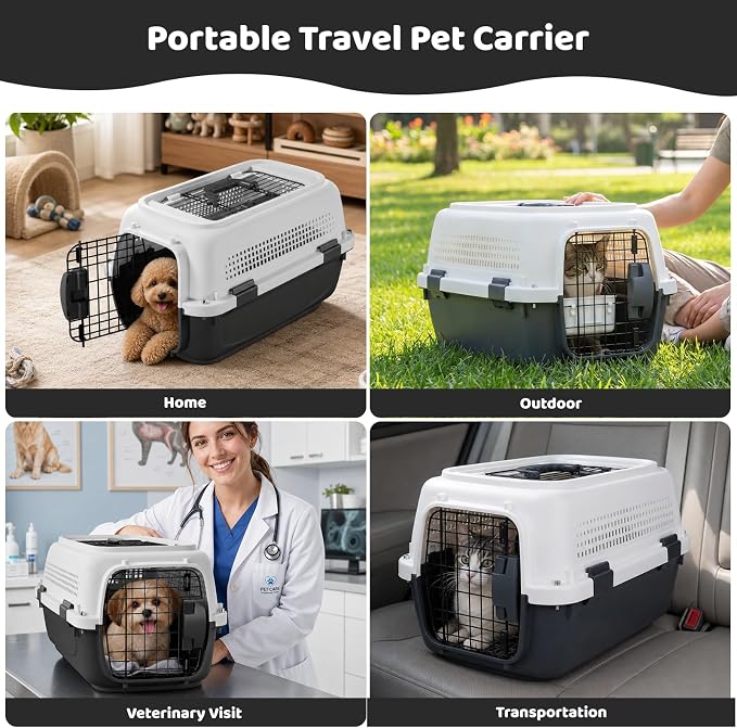 Athena Collection 23" Hard-Sided Pet Carrier with Food Bowl, Grey | Hard-Sided Protection with Top & Front Door Access, 4-Sided Ventilation for Small Dogs and Cats up to 26 LbS