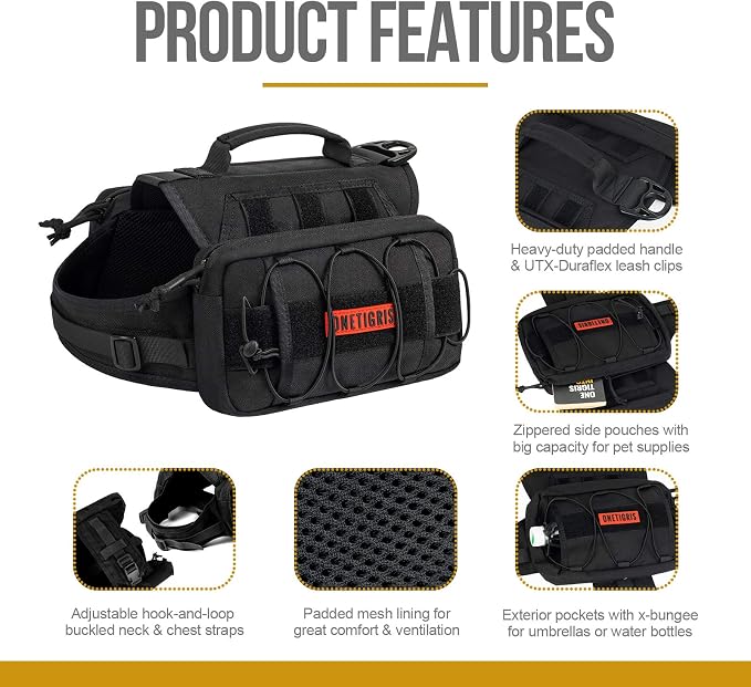 ONETIGRIS Dog Backpack for Medium & Large Dogs, Nylon Backpack for Dogs Tactical Pet Backpack with Side Pockets for Hiking Walking Training Running (Black, Medium)