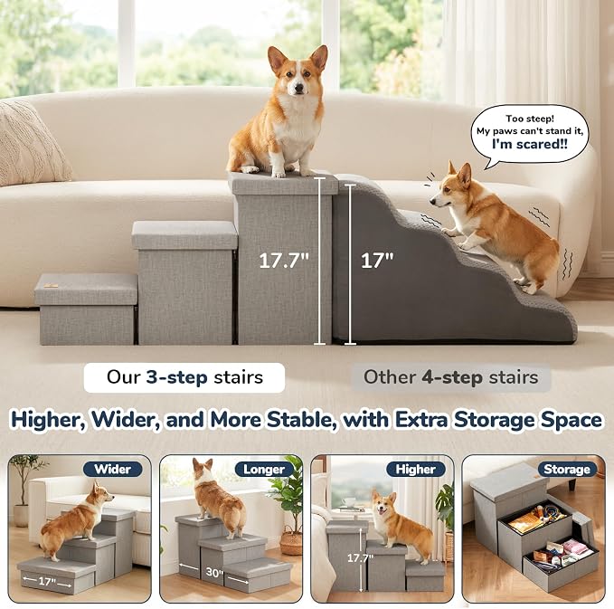 3-Step Dog Stairs for Large Dogs with Storage 18" H, Light Grey | Wide Dog Steps for High Bed Couch Window Car, Jiont-Friendly Pet Stairs Ramp for Small/Medium/Large Old Dogs Cats