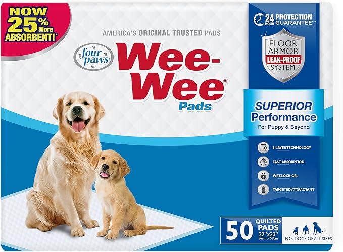 Four Paws Wee-Wee Superior Performance Dog Pee Pads, 50 Count | Quilted leak-proof puppy pads, dog housebreaking & potty training, 24-hour floor protection, pet supplies, 22" x 23"