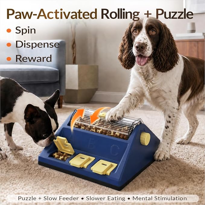 KADTC 2-Level Dog Puzzle Toy Rotating Treat Dispenser for Small/Medium Dogs | L. 4-cup capacity. Longer meals. Adjustable food flow. Burn energy. Beat boredom. Build brainpower. Meals become enrichment.