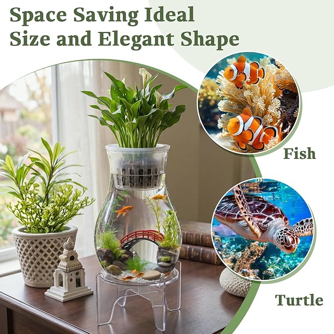 Thenshop 1 Gallon Plastic Aquaponic Planter and Aquarium Betta Bowl Fish Aquariums Small Fish Tank with Base and Top Promotes Healthy Hydroponic Environment for Plants (Spherical)