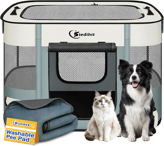 Siedihit Dog Playpen, Cat Pet Puppy Crate, Portable Playpens Indoor Outdoor (Grey with Pad, Medium)