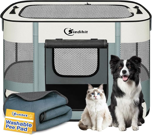 Siedihit Dog Playpen, Cat Pet Puppy Crate, Portable Playpens Indoor Outdoor (Grey with Pad, Medium)
