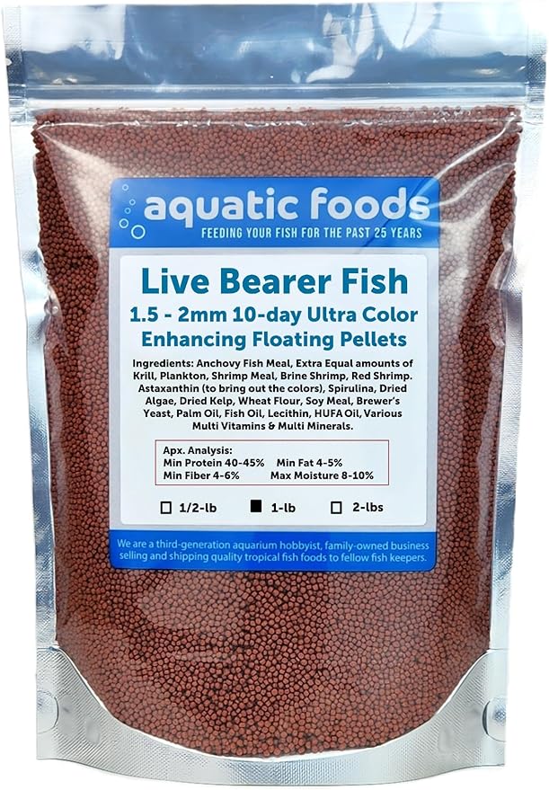 Aquatic Foods Inc. Live Bearer Ultra Red Color Enhancing 1.5mm-2mm Floating Pellets. Color Enhancing in 10-Days for Swordtails, Platies, All Live Bearers…1-lb Bag