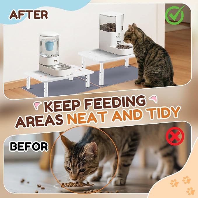 Dreyoo 2 Set Adjustable Cat Food Stand, White,Gray Mat | Fits Most Auto Feeders, Cat Food Stand, 3 Level Stand, Non Slip Silicone Mats, Elevated Feeding Table, Cats Small Dogs