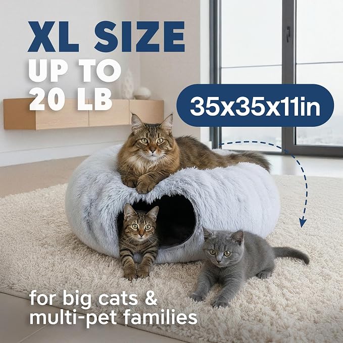 Large Cat Donut Tunnel Bed - Cat Tunnels for Indoor Cats - Circle Hideaway with Cat Toys, 3-in-1, Gift-Ready DIY Collapsible Plush Cat Tube, Rabbit, Kitty