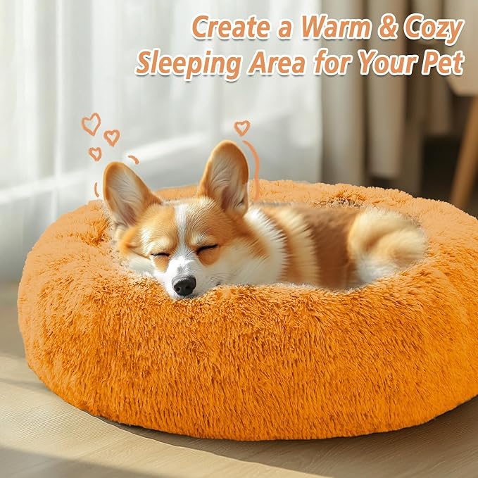 JOLLYVOGUE Calming Dog Beds Large Sized Dog, 36in Donut Washable Large Pet Bed, Anti-Slip & Anti-Anxiety Fluffy Faux Fur Round Dogs Bed, Fits up to 80 lbs Pets (Orange)