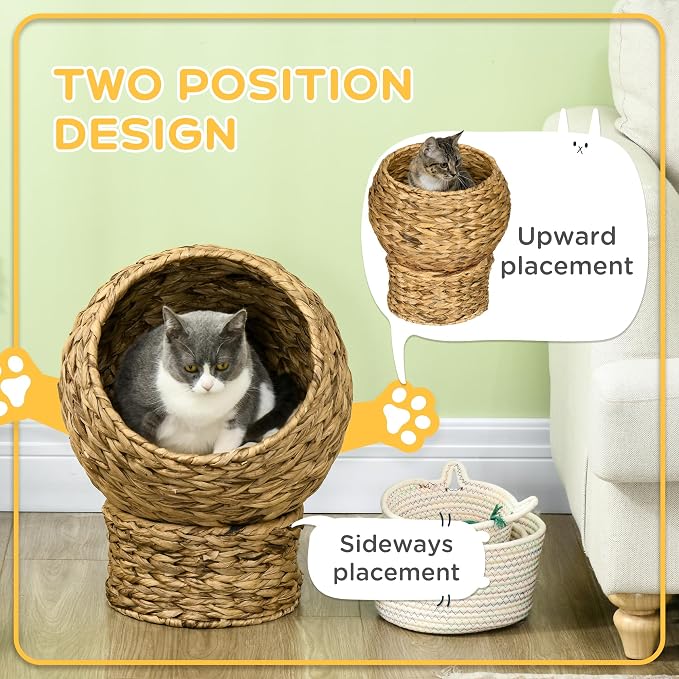 PAWHUT Egg Chair Rattan Elevated CAT Bed with Removable Cover, 17-in, Brown | Soft Cushion & Egg Chair Shape, Basket Bed Kitty House with Stand, Raised Wicker House
