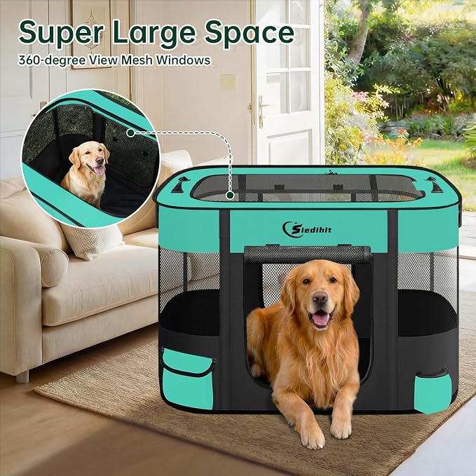 Siedihit Dog Playpen, Cat Pet Puppy Crate, Portable Playpens Indoor Outdoor (Green, Large)