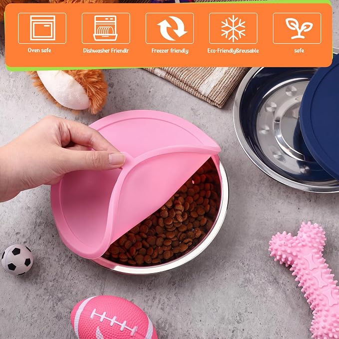 Patelai Stainless Steel Dog Bowls with Silicone Lids for 1.9 Cups Portable Food and Water Dishes for Pets Sealable Containers for 6.3" for Cats & Small Dogs(4 Pcs,Dark Blue,Pink)