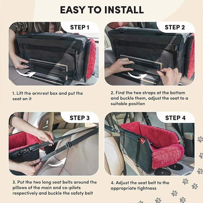 Center Console Dog Car Seat for Small Pets to 11lbs, Red | Anti-collapse armrest Console seat with washable fluffy cushion, pillow & tether for stable, cozy pet travel trips.