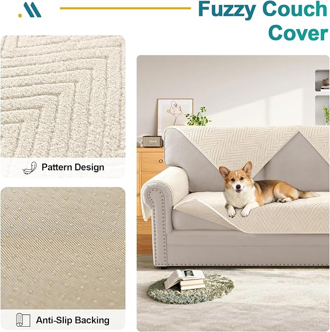 Turquoize Waterproof Couch Armrest Covers for Sofa Non-Slip Fuzzy Couch Arm Covers Set of 2 Washable Thick Soft Recliner Chair Arm Cover Protector Cover (Beige, 23" x 23" 2 Pack)