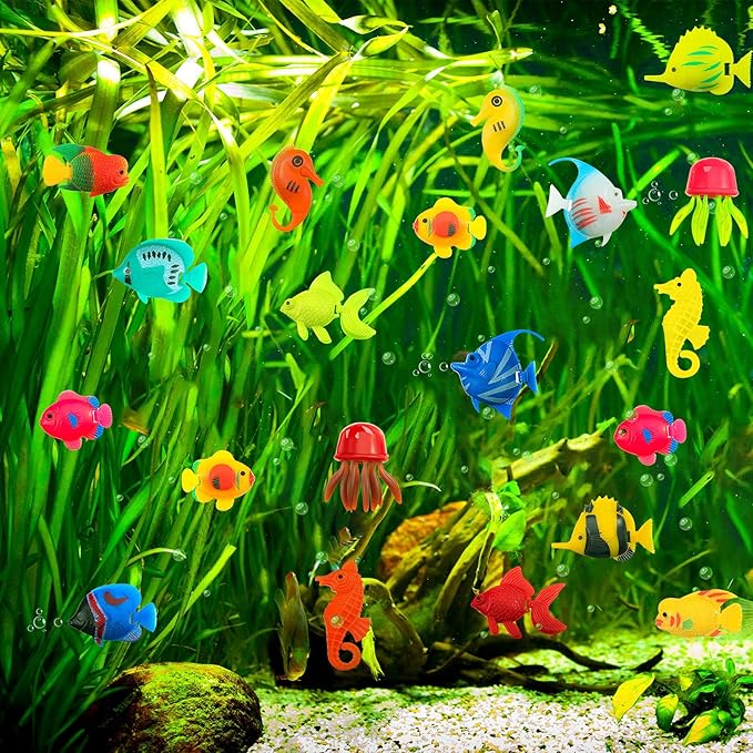 Weewooday 20 Pcs Artificial Moving Fishes Plastic Floating Lifelike Fish Tank Ornament Aquarium Decorations(Jellyfish and Seahorses)