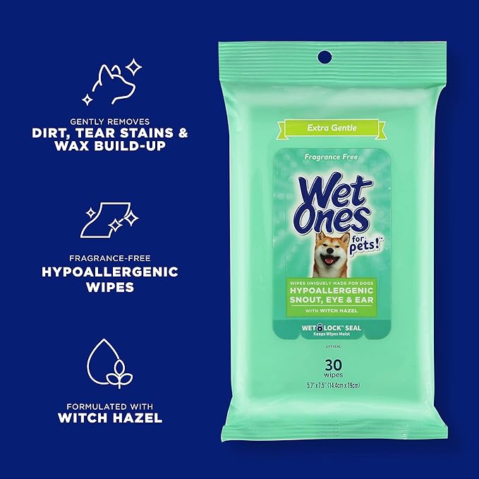 Wet Ones for Pets Extra Gentle Dog Wipes with Witch Hazel - Fragrance-Free, Hypoallergenic Pet Grooming Wipes for Snout, Eye, and Ear Areas, Sensitive Skin, 30 Count - 8 Pack