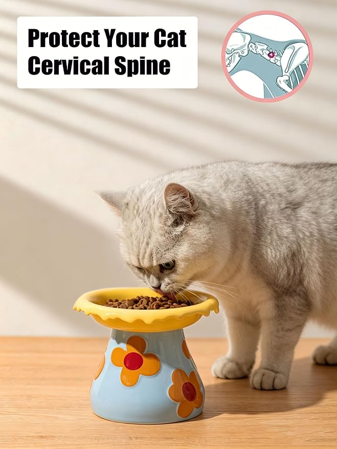 Mushroom Elevated Cat Bowls Ceramic, Cute Cat Bowls Whisker Fatigue | Raised Cat Bowl for Indoor Cats, Raised Dog Bowls Stand for Food and Water, Yellow 5.8" Wide for Adult Cats
