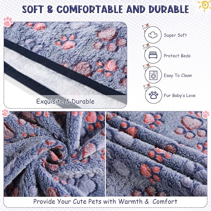 Tatuo 4 Pack Fleece Dog Blankets for Puppy Cats Multi-Size Sleep Mat for Pet Guinea Pig Soft Washable Warm Crate Bed Puppy Teething Toys Print Pattern Blanket Indoor(Blue,24 x 16 Inch,Paw)