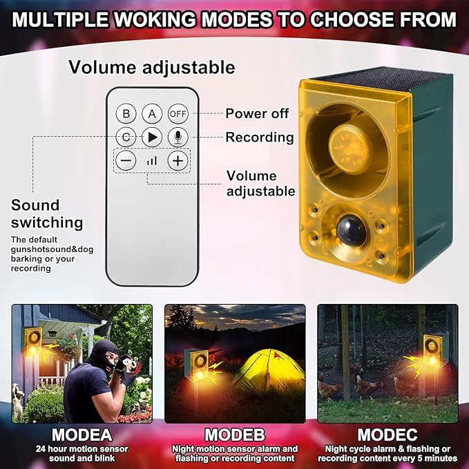 Qualirey Solar Outdoor Motion Sensor Alarm with Stake Gunshot Sound Dog Barking, 3 Modes Support Recording & Adjustable Volume USB Charging 129 dB Loud Noise Maker for Animal Deterrent (8 Pcs,Yellow)
