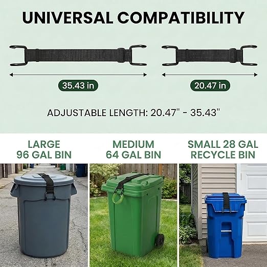 Raccoon Proof Trash Can Lid Lock Strap - Heavy Duty Metal Hooks Garbage Can Lock for Animals, Dogs, Bears - Adjustable Universal Fit, Easy-Pull Handle for Clean Hands, No Drilling - 1 Pack