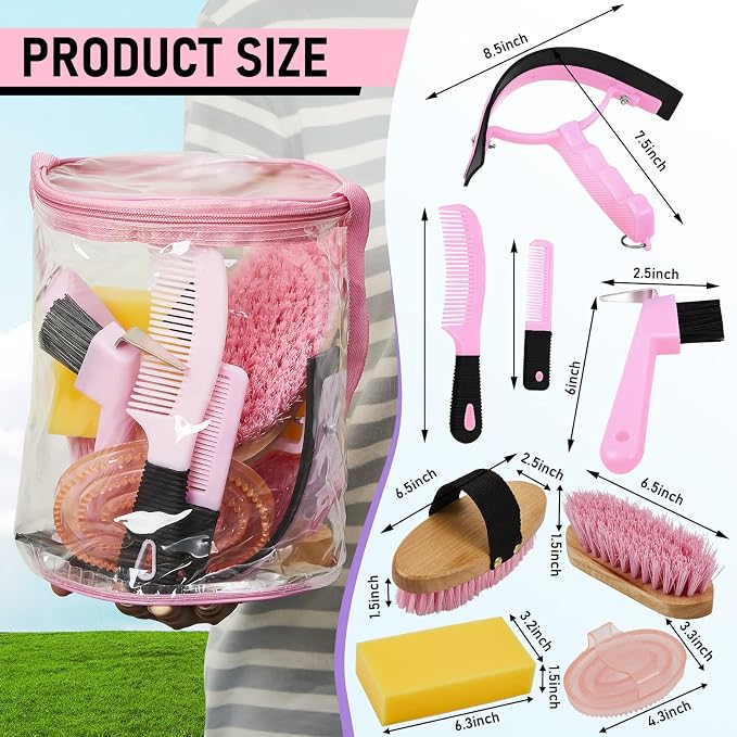 Cunhill 9 Pcs Horse Grooming Kit Tack Room Supplies Set with Tote Bag, Oval Massage Curry, Hard and Soft Brush, Hoof Pick, Sweat Scraper, Bathing Sponge, Comb for Horse Rider(Cute,Pink)