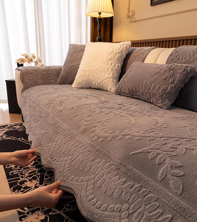 Grey Fuzzy Rabbit Plush Sofa Cover Cozy Warm Sofa Couch Covers with 3D Jacquard Leaf Pattern Non-Slip Easy-to-Install Shaggy Sofa Slipcover Prefect for Kids Dogs Cats Cats(Grey,36"x102")