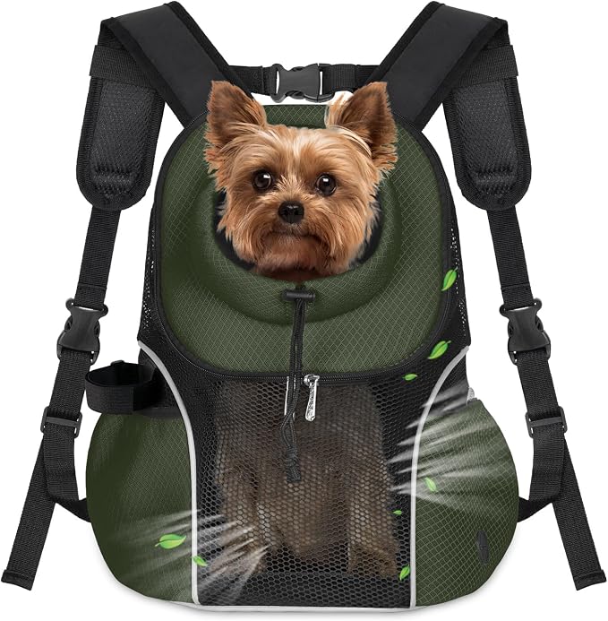 WOYYHO Pet Dog Carrier Backpack, Ventilated Mesh Small Dog Front Backpack | Breathable Puppy Back Pack, with Safety Belt, Storage Pockets, for Travel Hiking Cycling Outdoor Adventures, Army Green, L