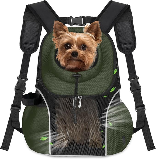 WOYYHO Pet Dog Carrier Backpack, Ventilated Mesh Small Dog Front Backpack | Breathable Puppy Back Pack, with Safety Belt, Storage Pockets, for Travel Hiking Cycling Outdoor Adventures, Army Green, L