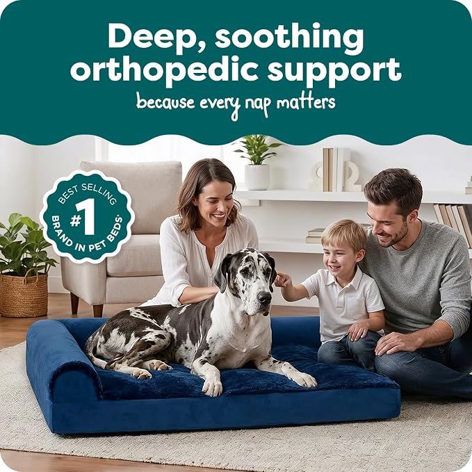 Furhaven Orthopedic Dog Bed for Large Dogs w/ Removable Bolsters & Washable Cover, For Dogs Up to 125 lbs - Plush & Velvet L Shaped Chaise - Deep Sapphire, Jumbo Plus/XXL