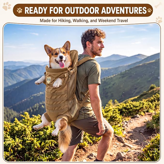 Dog Carrier Tactical Backpack for Medium Large 26-40lbs, Dog Soft Hands-Free Legs Out Pet Cat Front Carrier Backpack Facing Travel Bag for Outdoor Traveling Hiking Camping Bike (Brown)