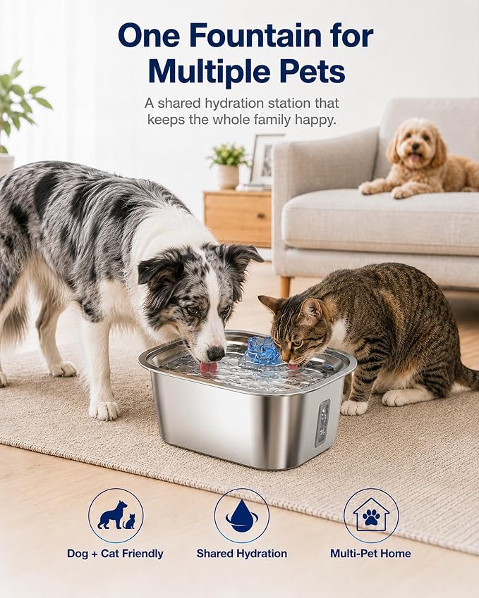 PETNF 3-Gallon Stainless Steel Dog Water Fountain for Large Dogs, Dog Water Bowl Dispenser with 2 Filters, Visible Water Window, Quiet Pump & LED Low-Water Indicator
