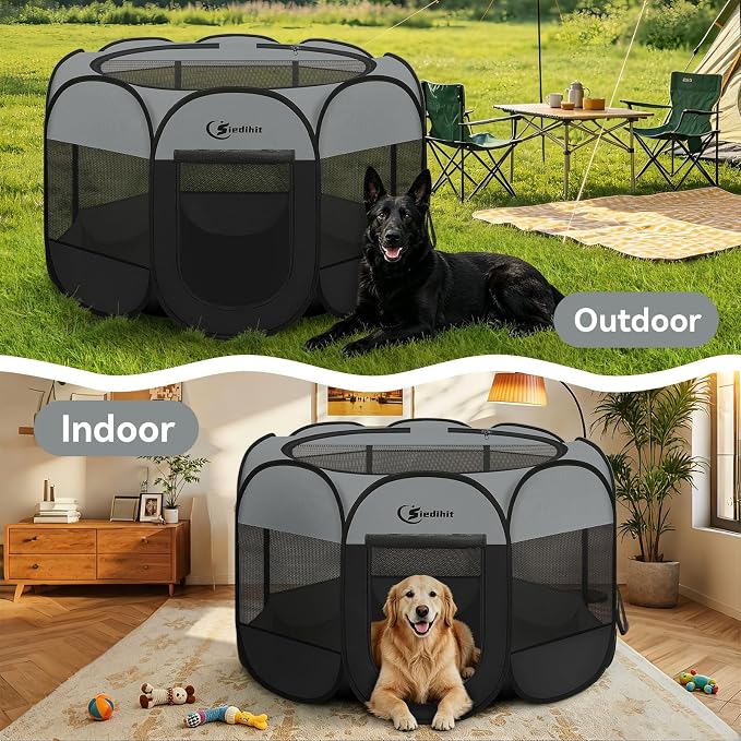 Siedihit Playpen for Extra Large Dog Cat, Dogs Tent Crate Cage | Indoor/Outdoor, Portable Pop Up Dog Kennel with Carrying Bag for Rabbits (Dark Grey, Extra Large)