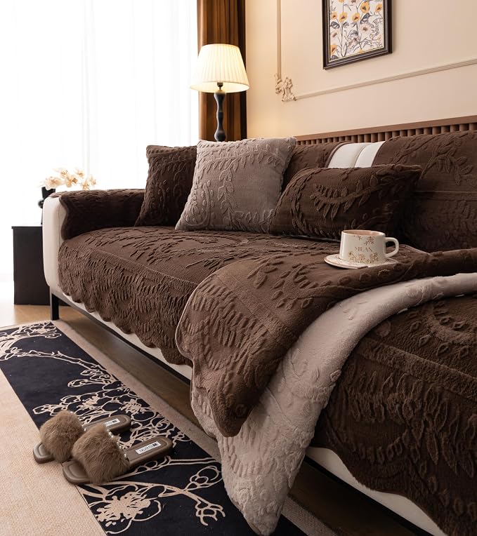 Fuzzy Rabbit Plush Sofa Cover Cozy Warm Sofa Couch Covers with 3D Jacquard Leaf Pattern Non-Slip Easy-to-Install Shaggy Sofa Slipcover Prefect for Kids Dogs Cats Cats(Caramel,36"x36")