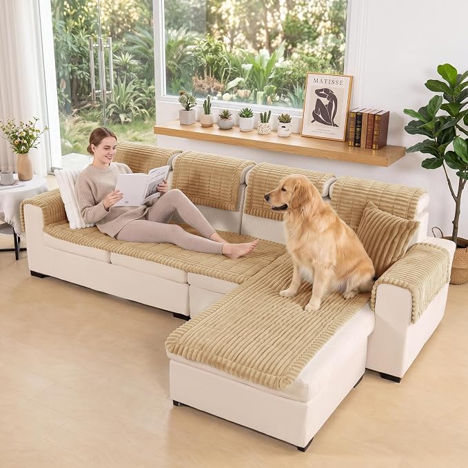 FUANGUI 2 Pack Waterproof Couch Cover for Dogs Pets Sofa Protector | Non-Slip Washable Fuzzy Soft Sofa Slipcover for 2 PCS L Shaped Sofa Pet Friendly, 27.6" x 59.1"+27.6" x 70.9",Khaki