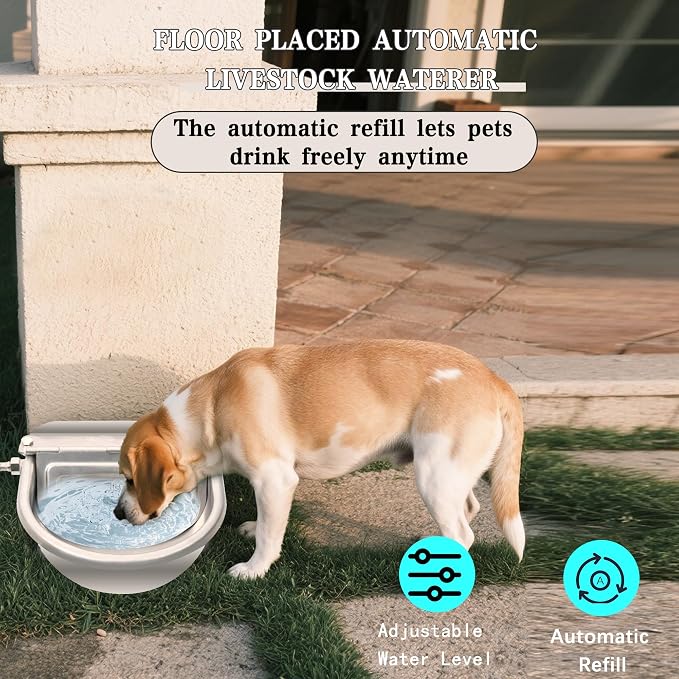 Automatic Dog Water Dispenser with Drain Hole & Drain Valve, Stainless Steel Auto Dog Water Bowl with Float Valve, Hose Quick Connect Fitting, for Livestock, Chicken, Horse (1 Gallon)