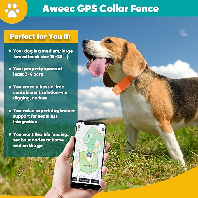 GPS Electric Dog Fence with Free App, Wireless Fence System with Training Collar, Portable for Outdoor Use, Rechargeable Waterproof Flexiable Collar, Adjustable of Dogs (Orange)